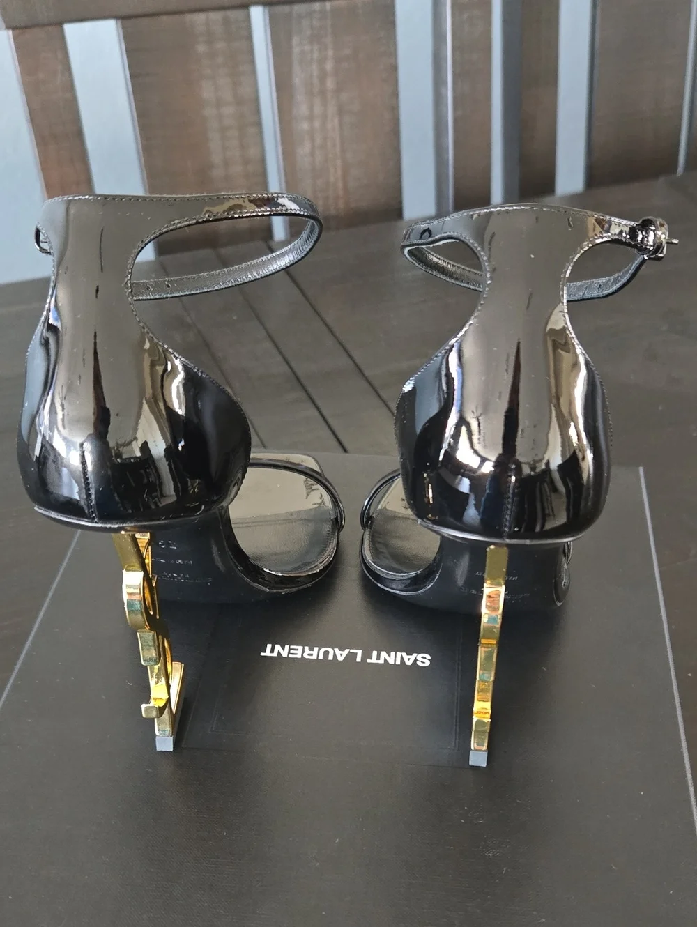 Saint Laurent Black Patent Tribute Heeled Sandals. Opyum 110 YSL heel. - Picture 5 of 10